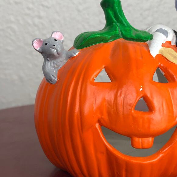 Vintage Hand Painted Halloween White Cat & Pumpkin Figure Decor - Picture 3 of 13